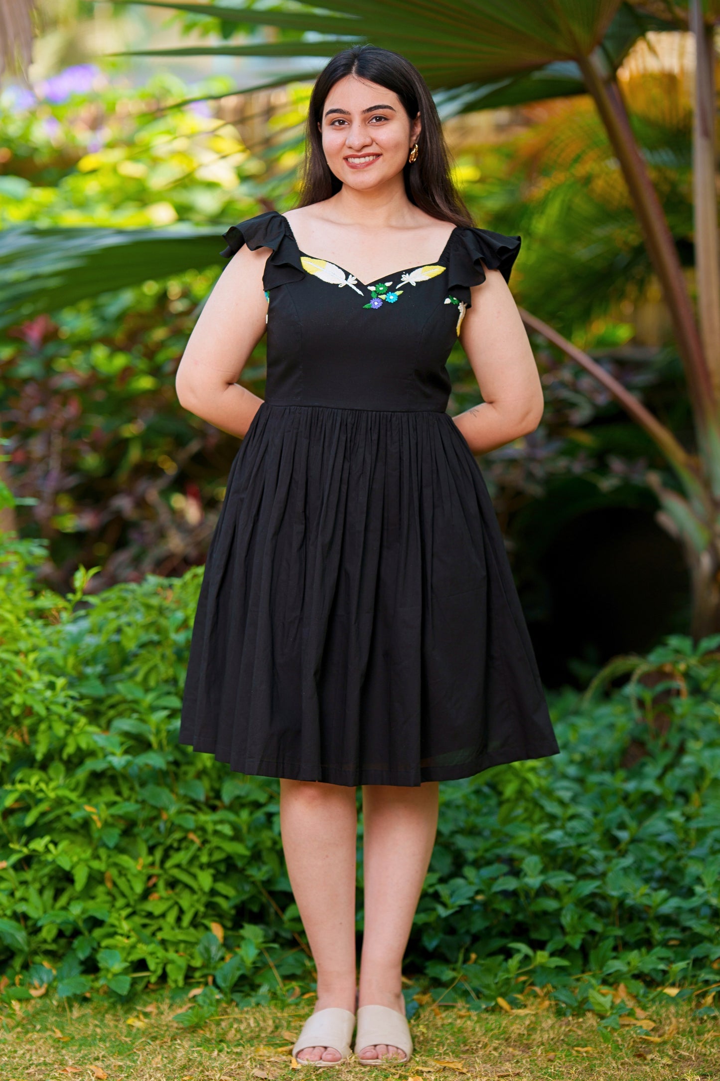 Black Flutter-Sleeve Mulmul Dress