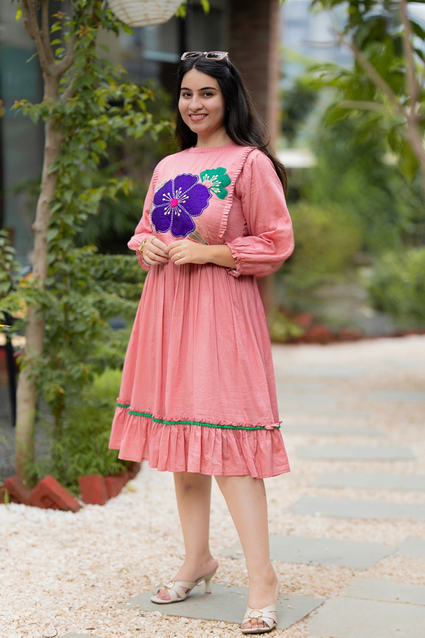 Peachy Pink Mulmul Floral Dress