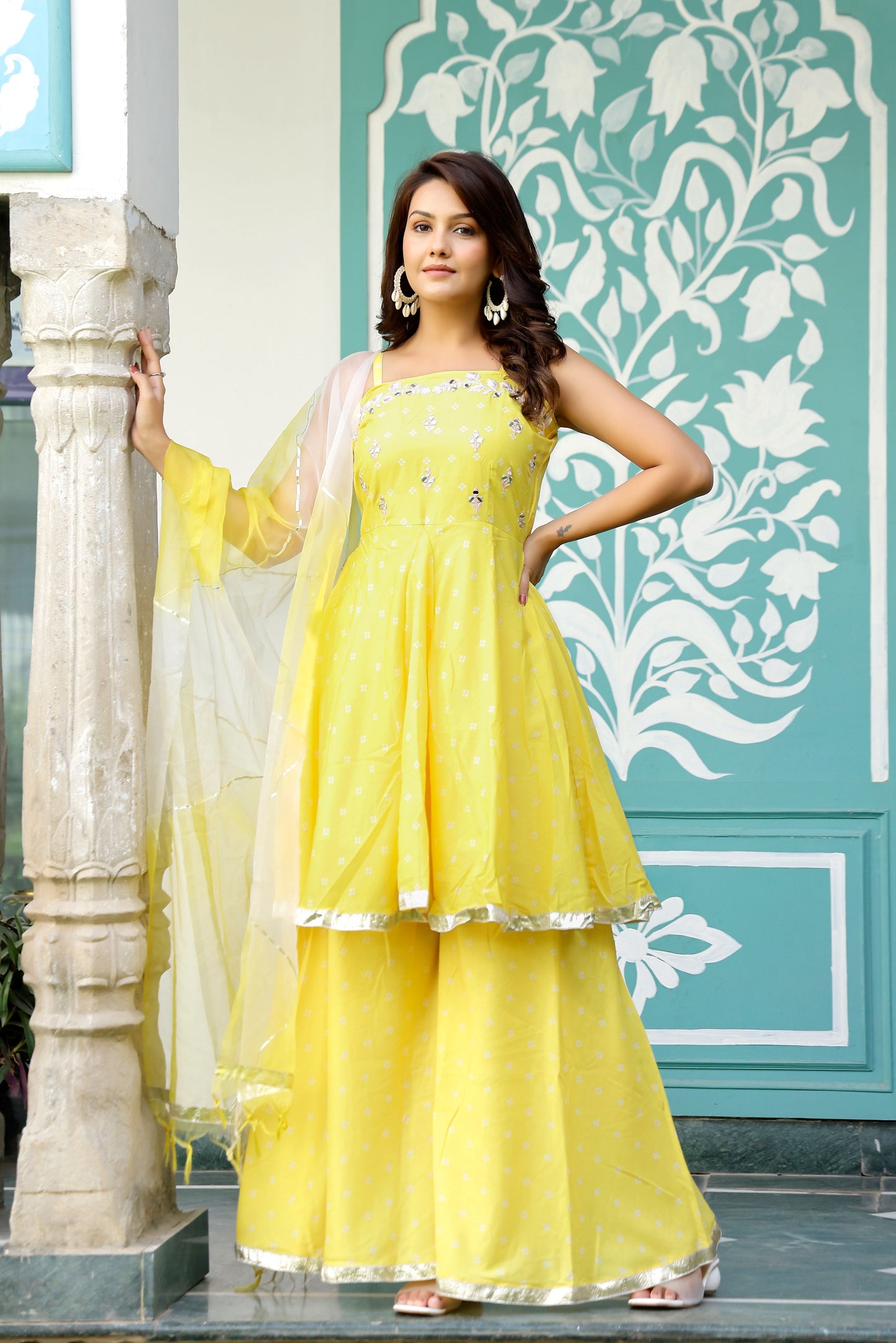 Yellow Bandhani Mirror work Suit Set