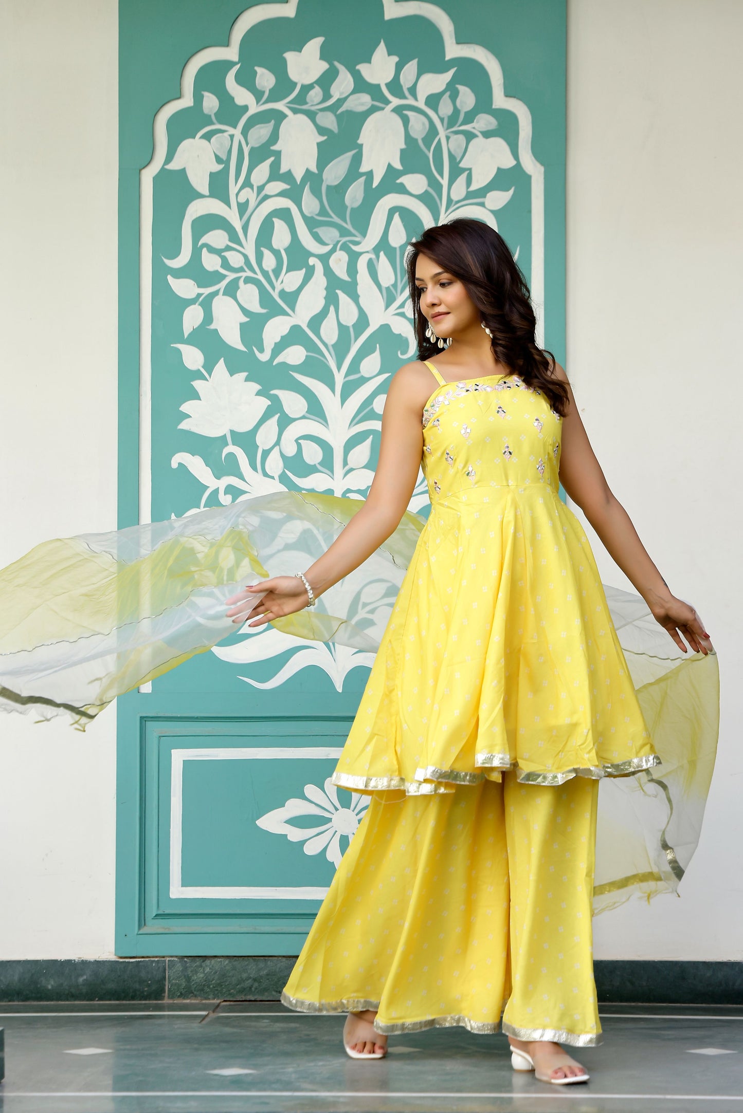 Yellow Bandhani Mirror work Suit Set