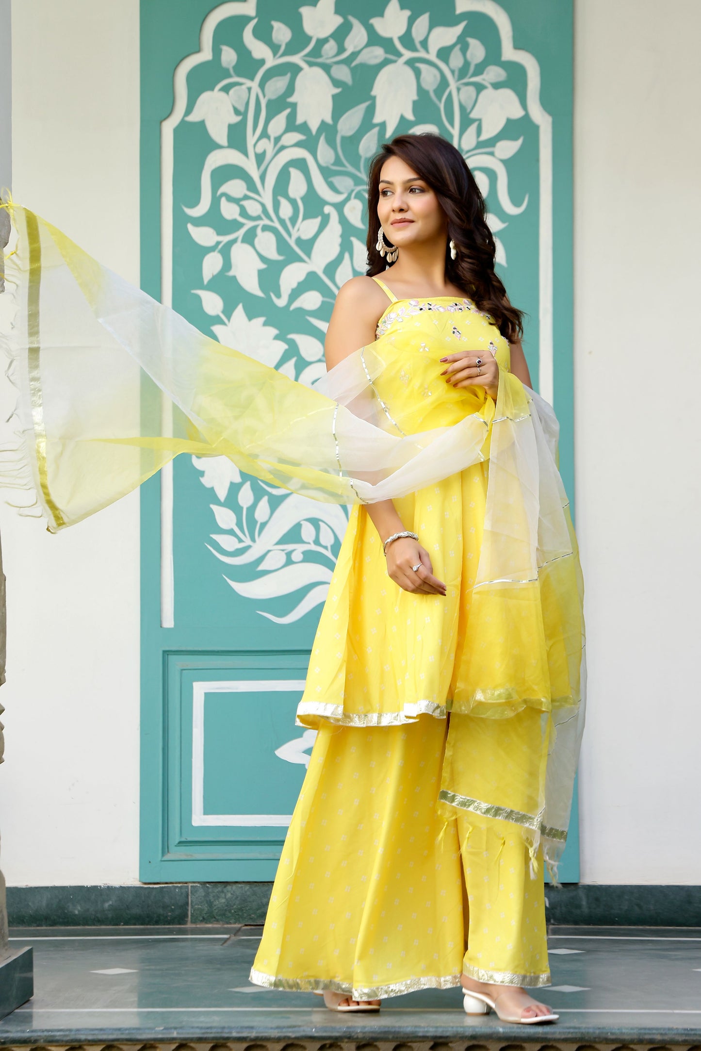 Yellow Bandhani Mirror work Suit Set