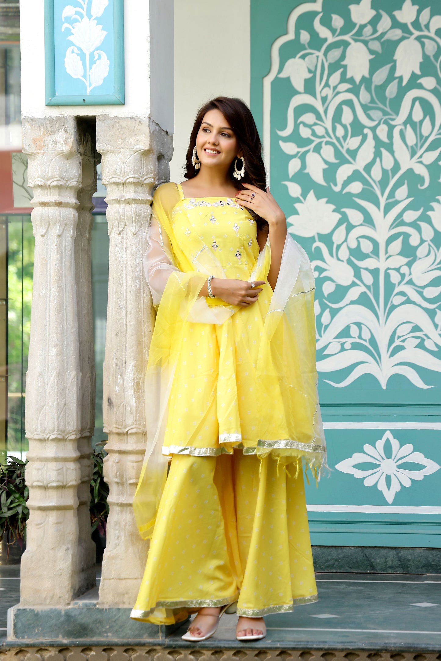 Yellow Bandhani Mirror work Suit Set