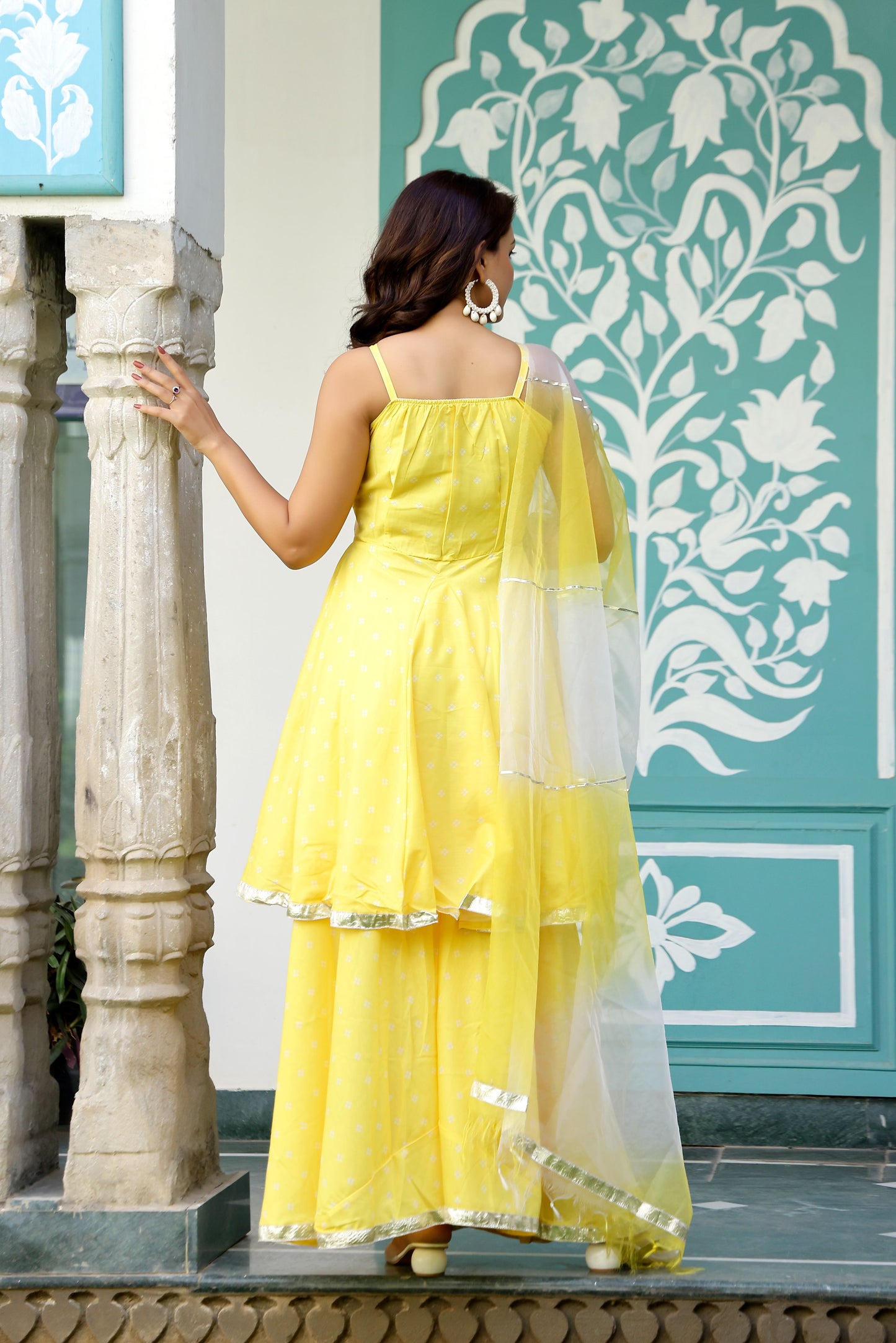Yellow Bandhani Mirror work Suit Set