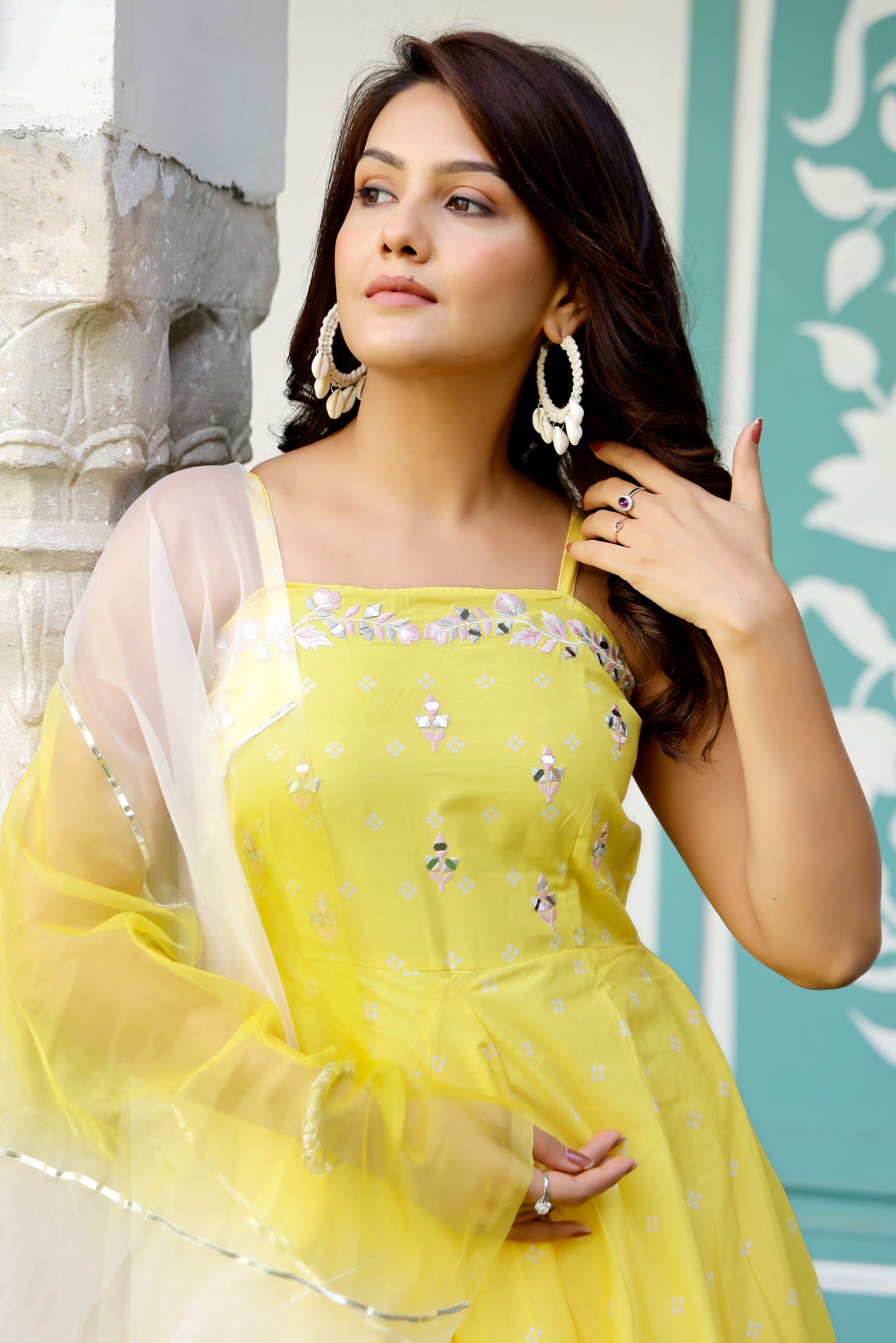 Yellow Bandhani Mirror work Suit Set