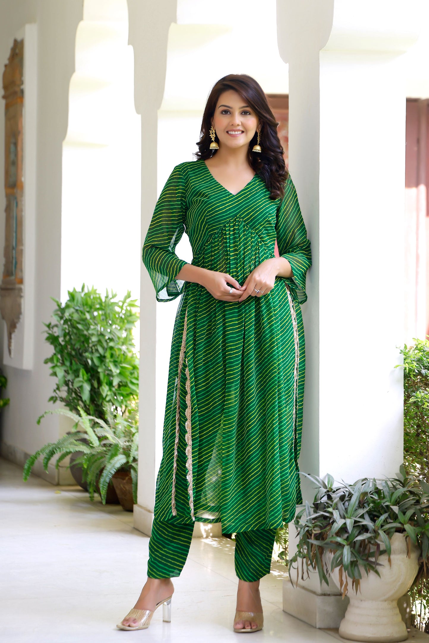 Green Leheriya Kurta Set