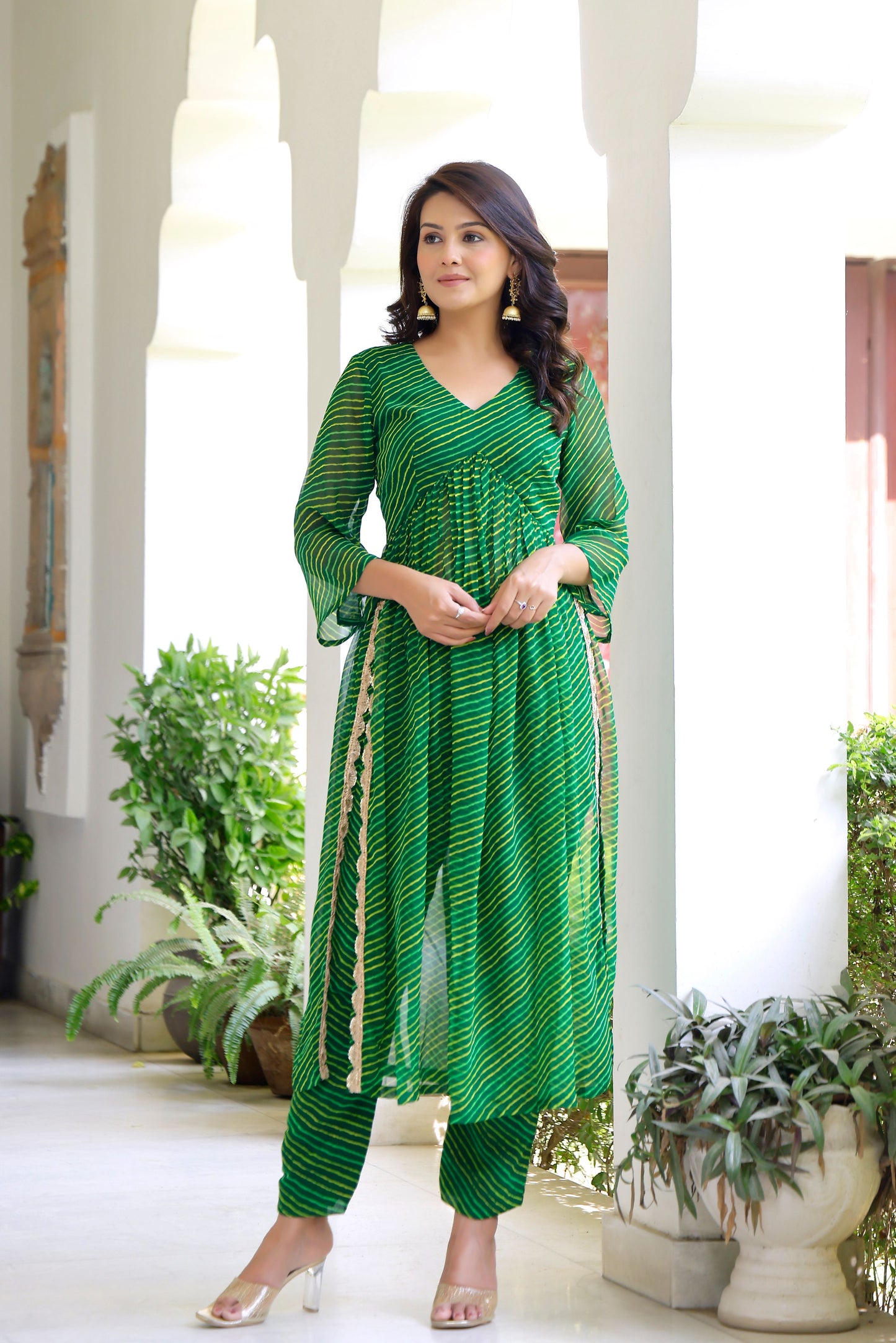 Green Leheriya Kurta Set