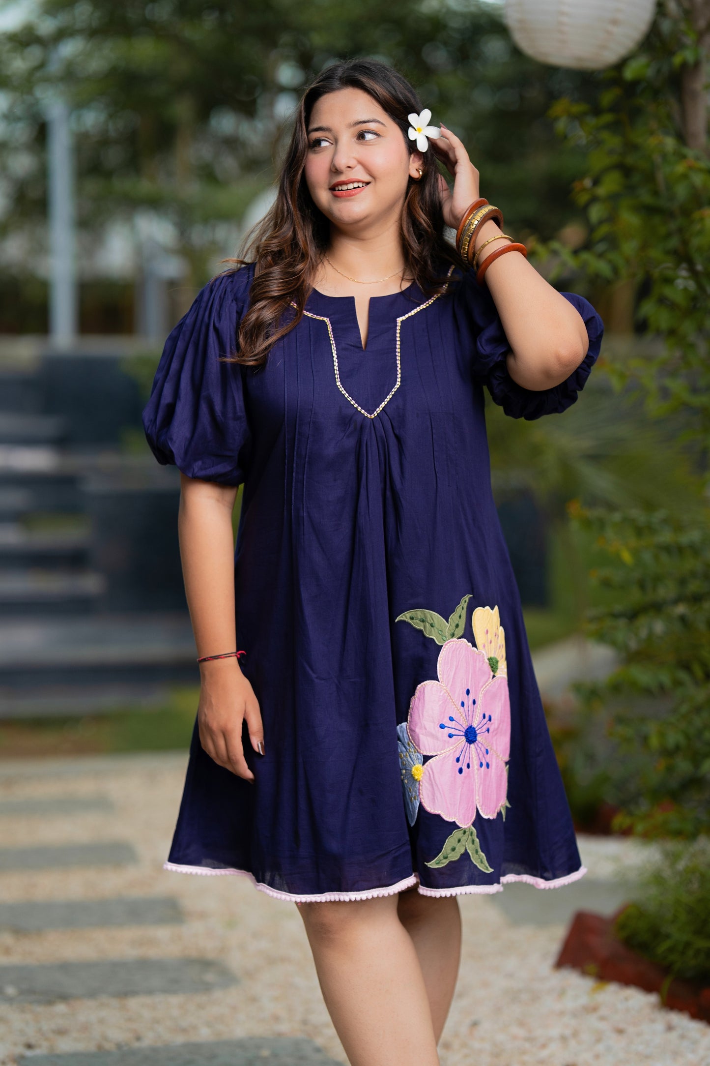 Navy Blue Mulmul Floral Dress