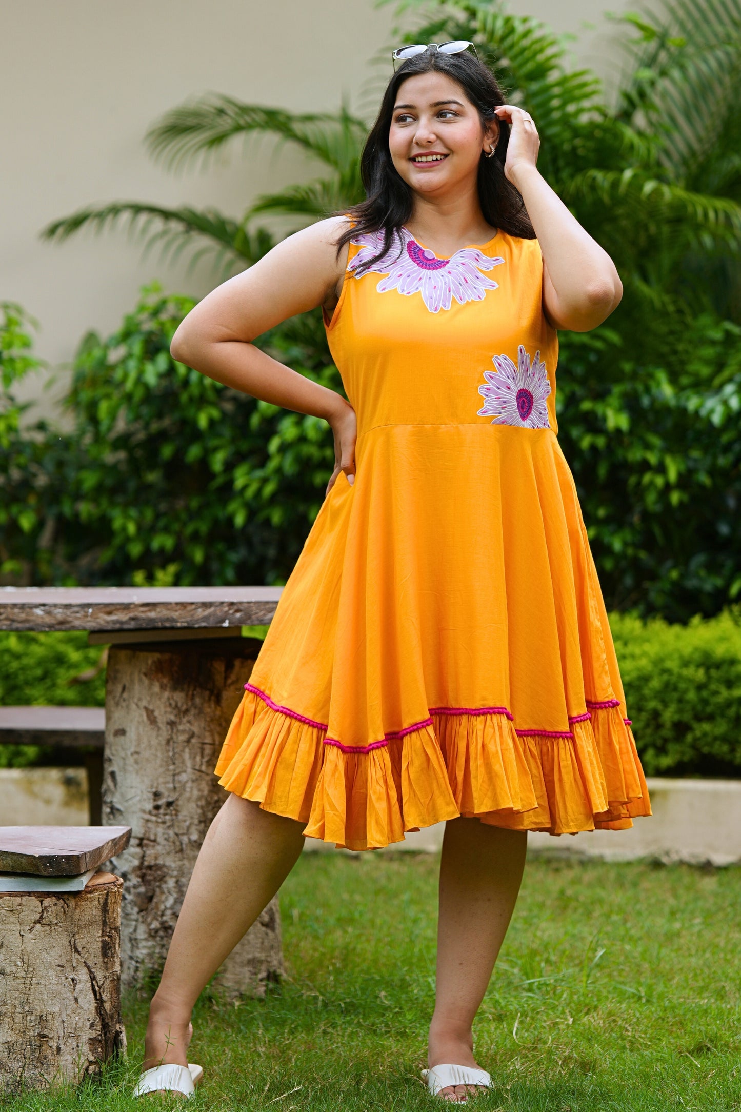 Sunshine Yellow Mulmul Floral Dress