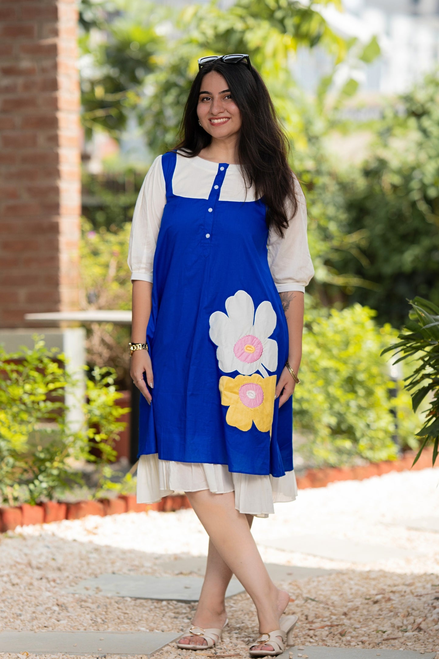 Artistic Blue and White Mulmul Floral Dress