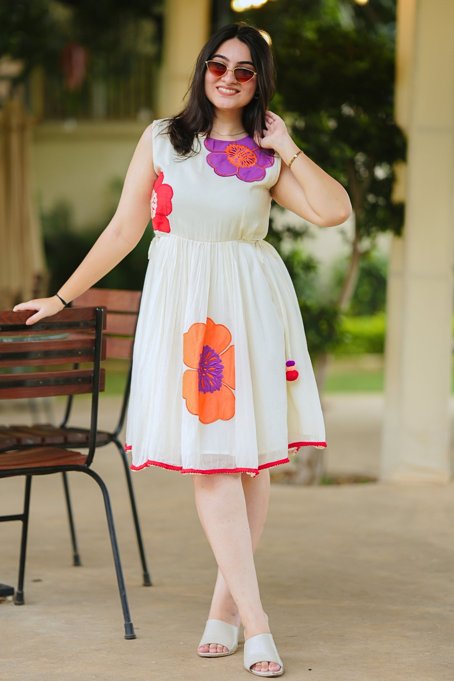 White Mulmul Floral Dress