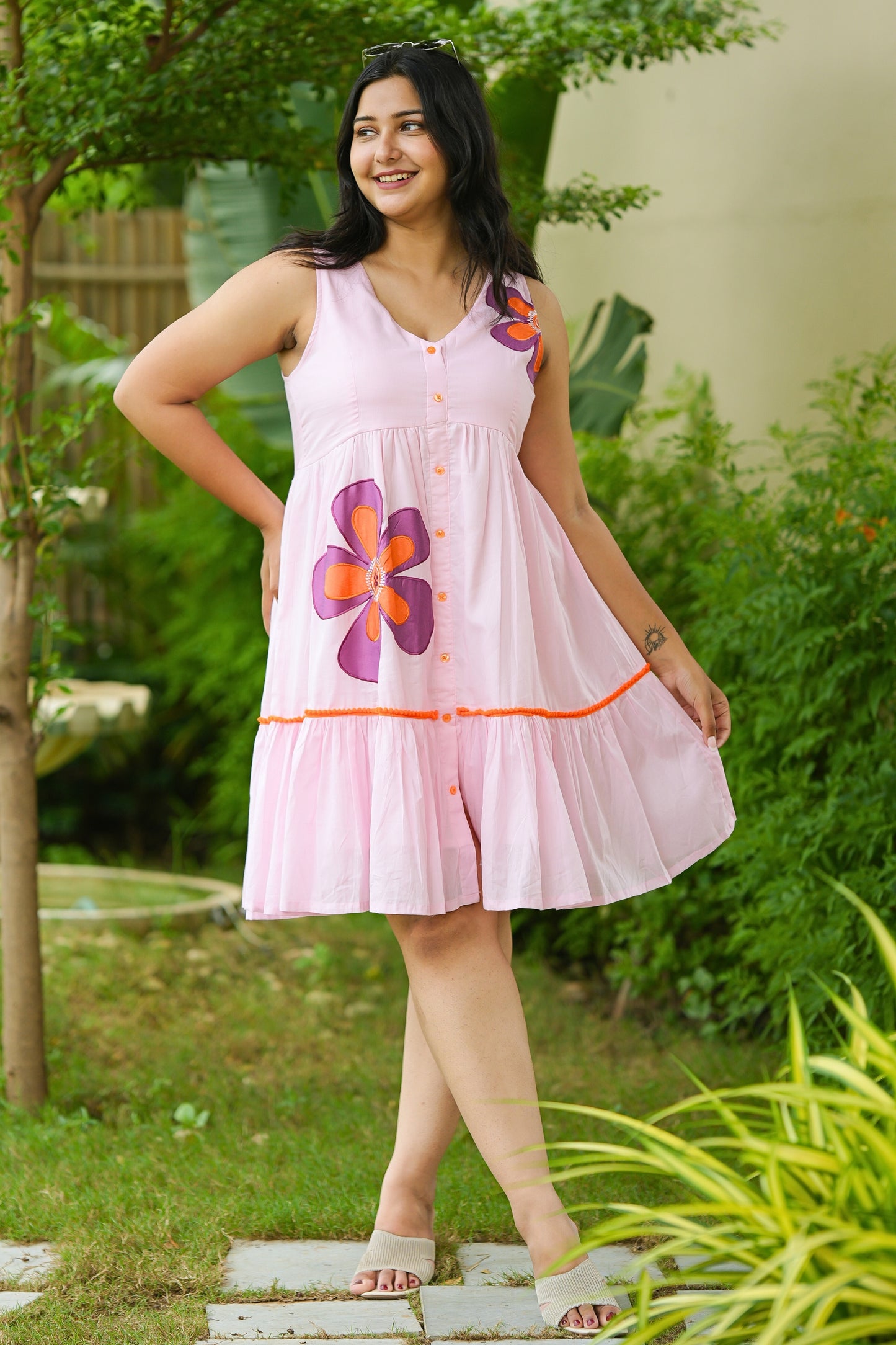 Pink Mulmul Floral Dress