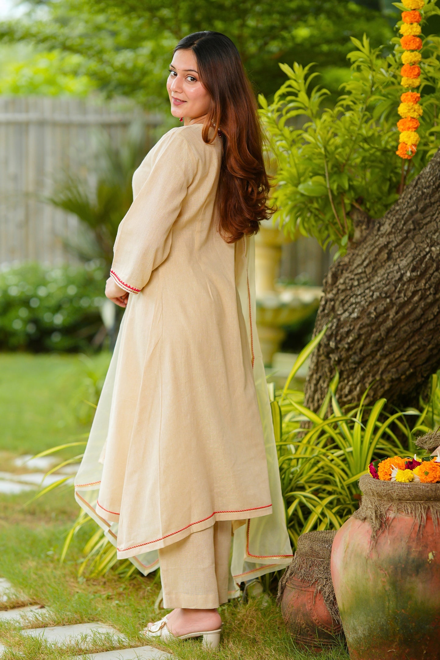 Beige Lotus Cotton Suit Set