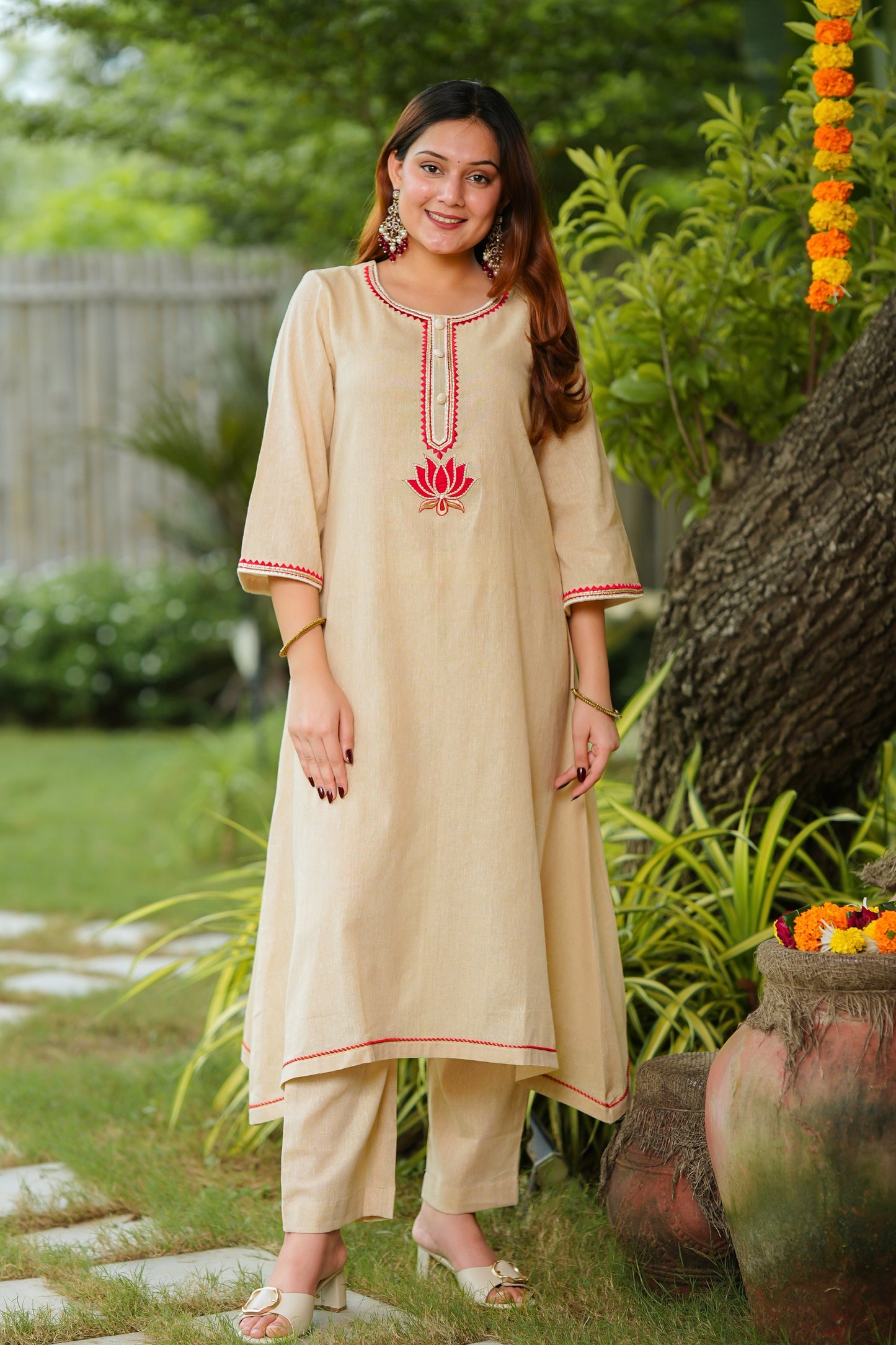 Beige Lotus Cotton Suit Set