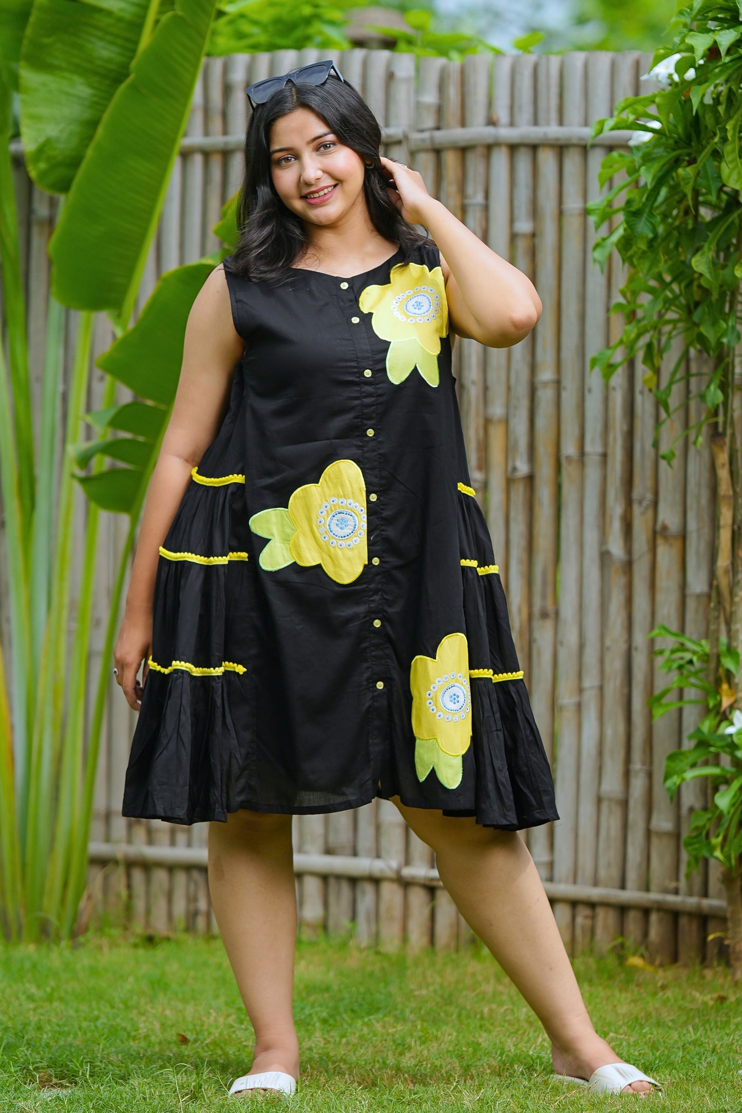 Black Short Mulmul Floral Dress