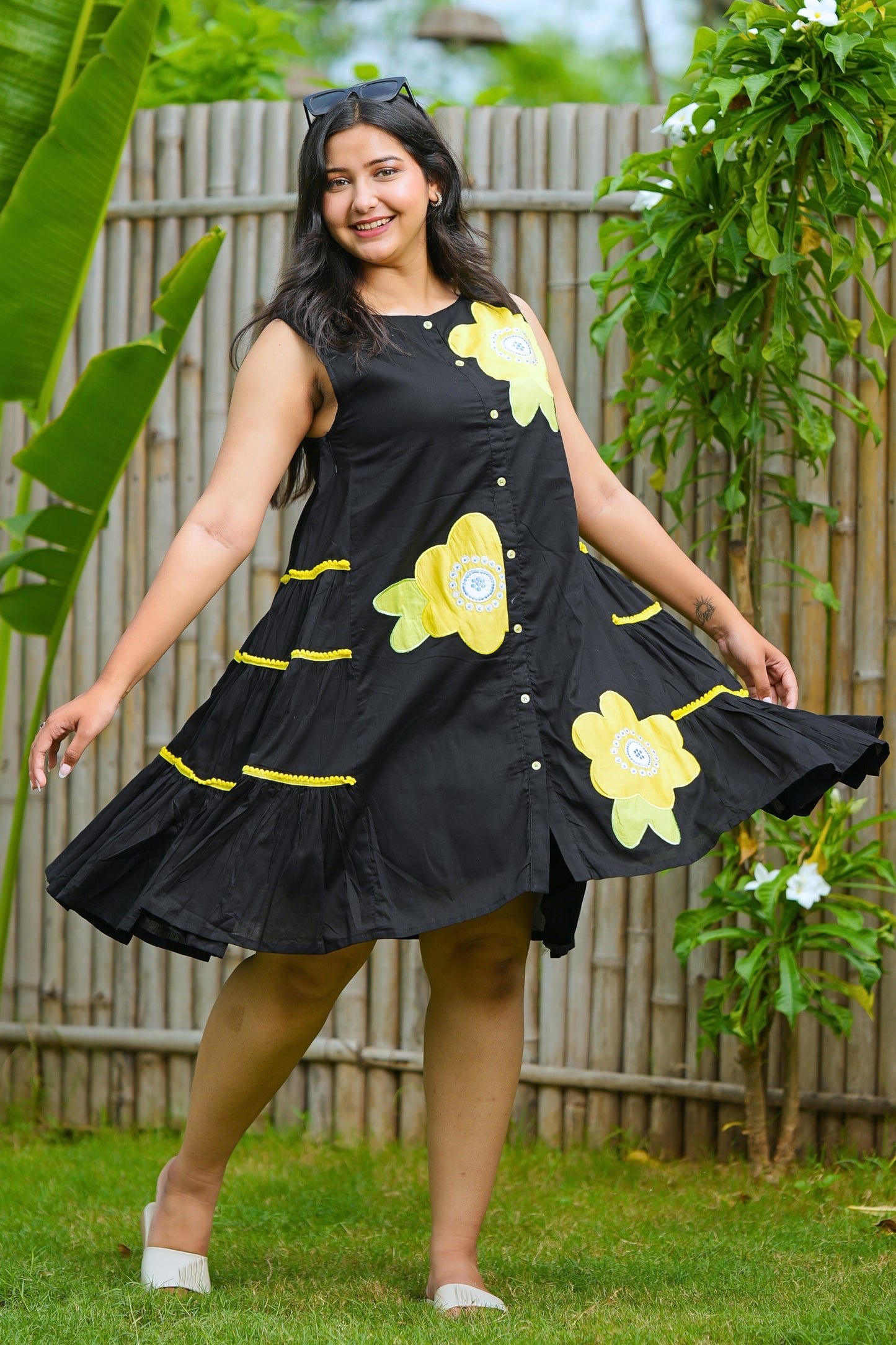 Black Short Mulmul Floral Dress