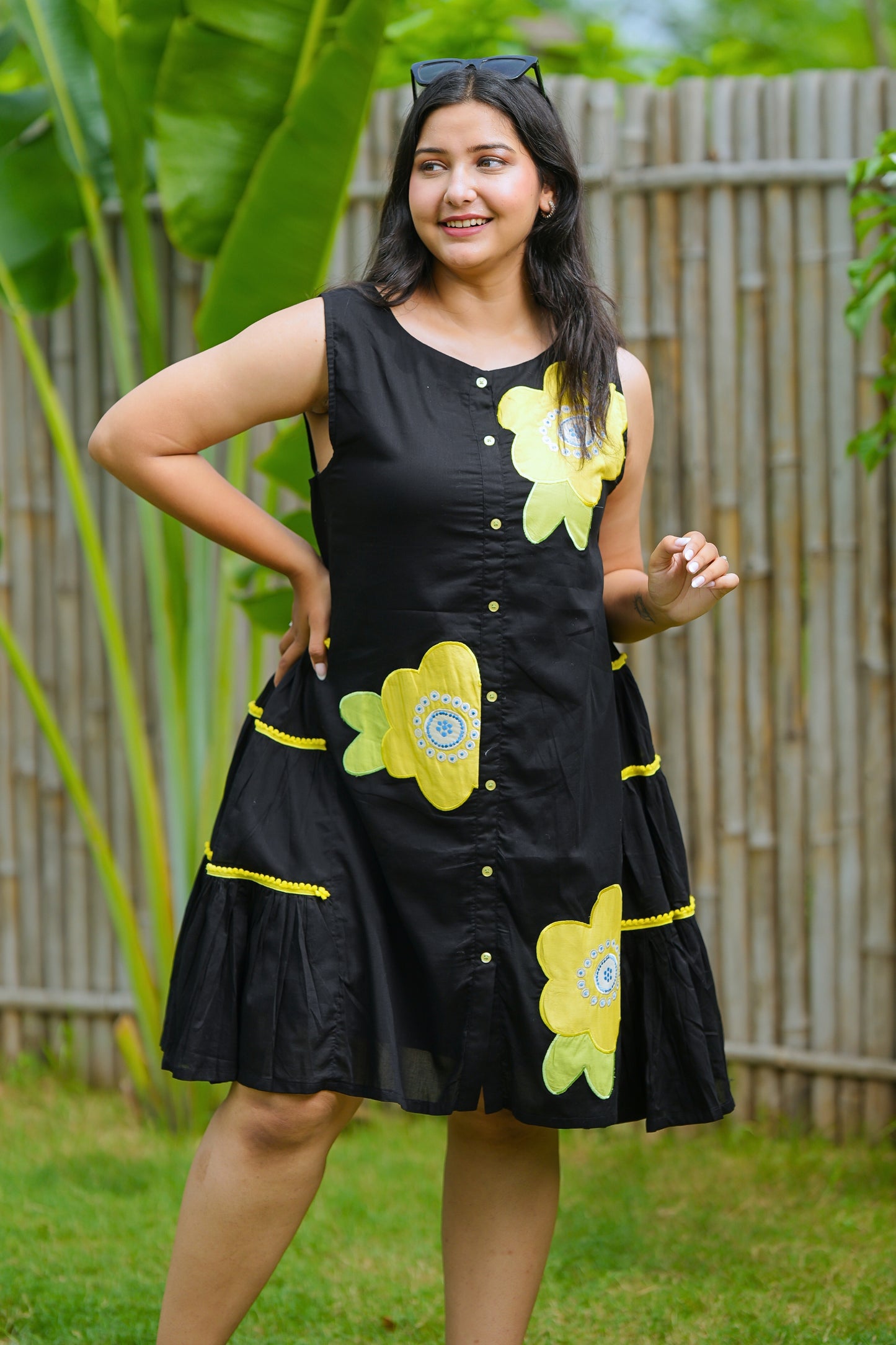 Black Short Mulmul Floral Dress