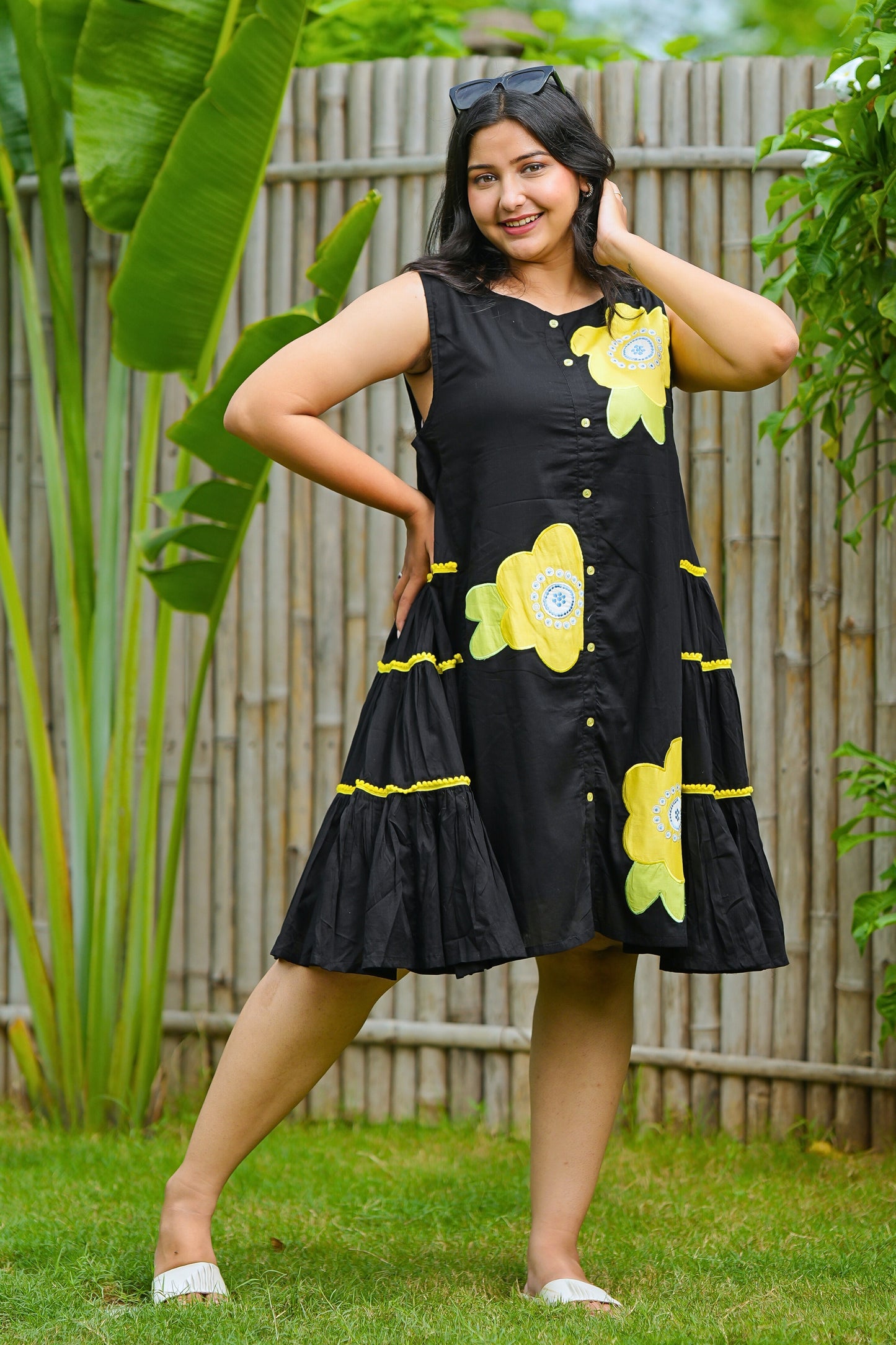 Black Short Mulmul Floral Dress