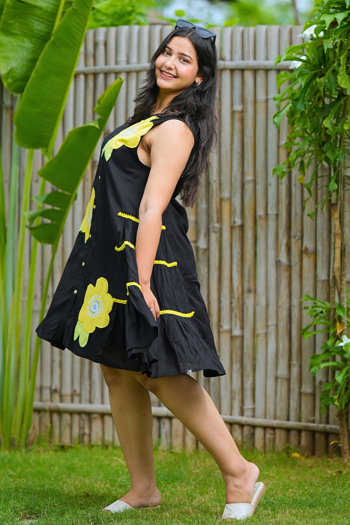 Black Short Mulmul Floral Dress