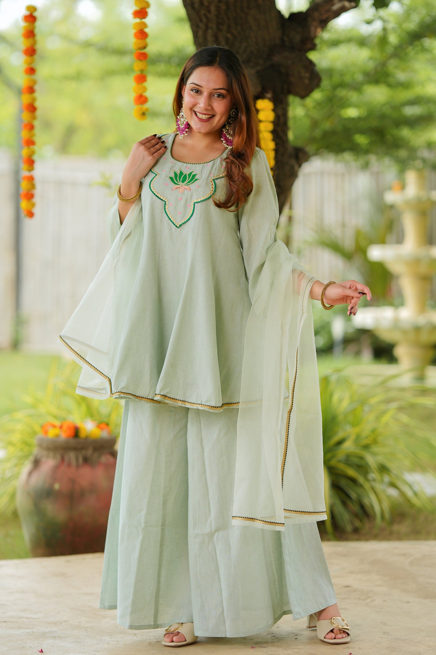 Green Lotus Sharara Cotton Suit Set