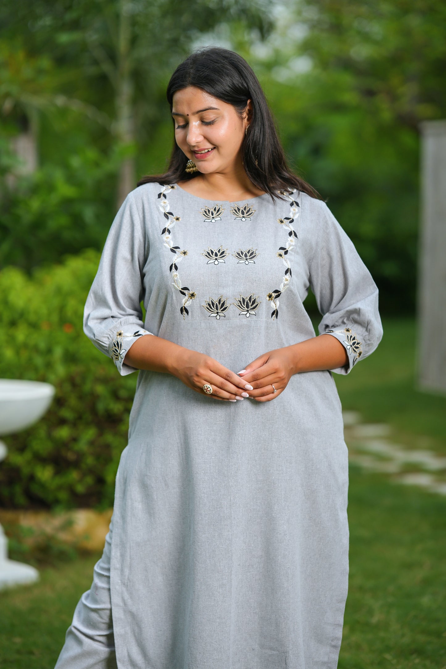 Grey Lotus Cotton Suit Set