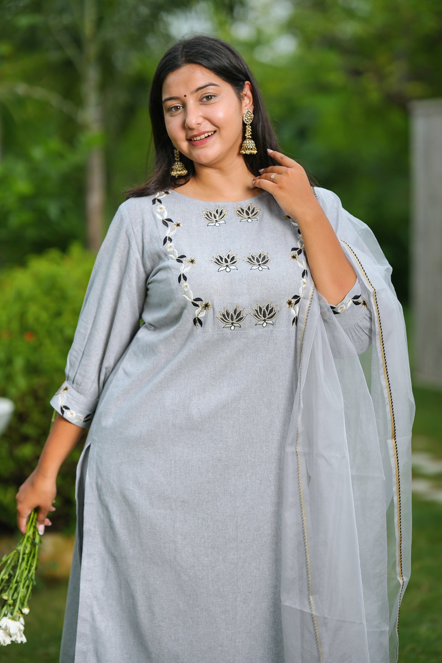 Grey Lotus Cotton Suit Set