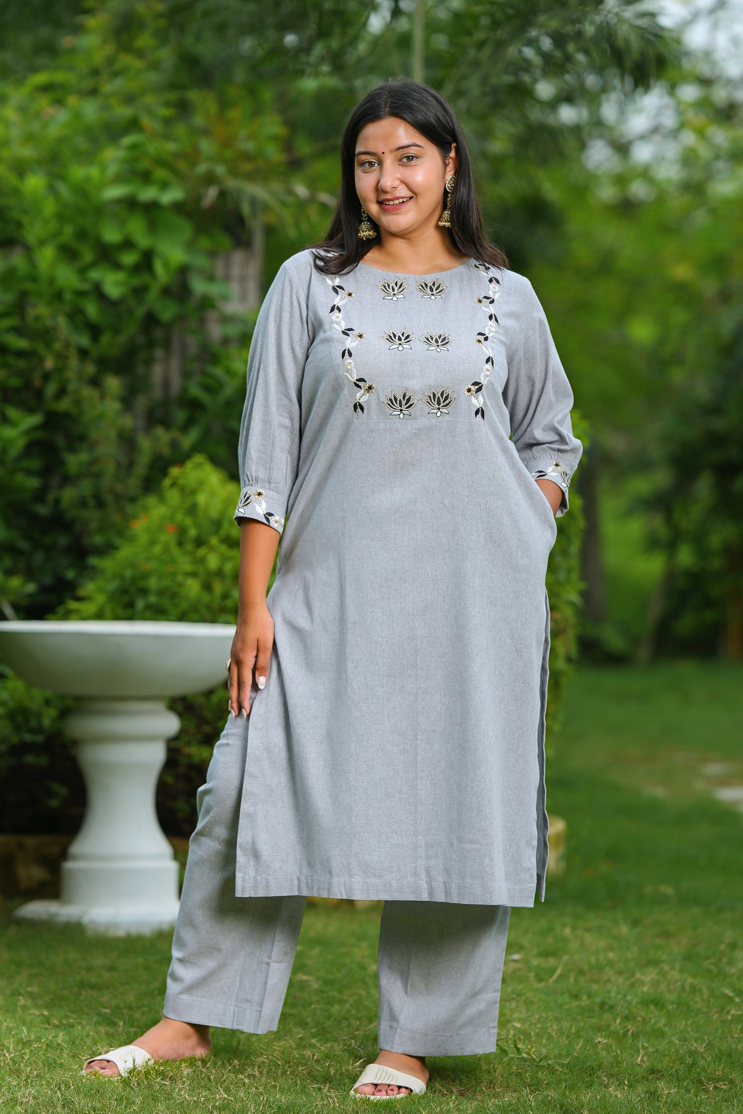 Grey Lotus Cotton Suit Set