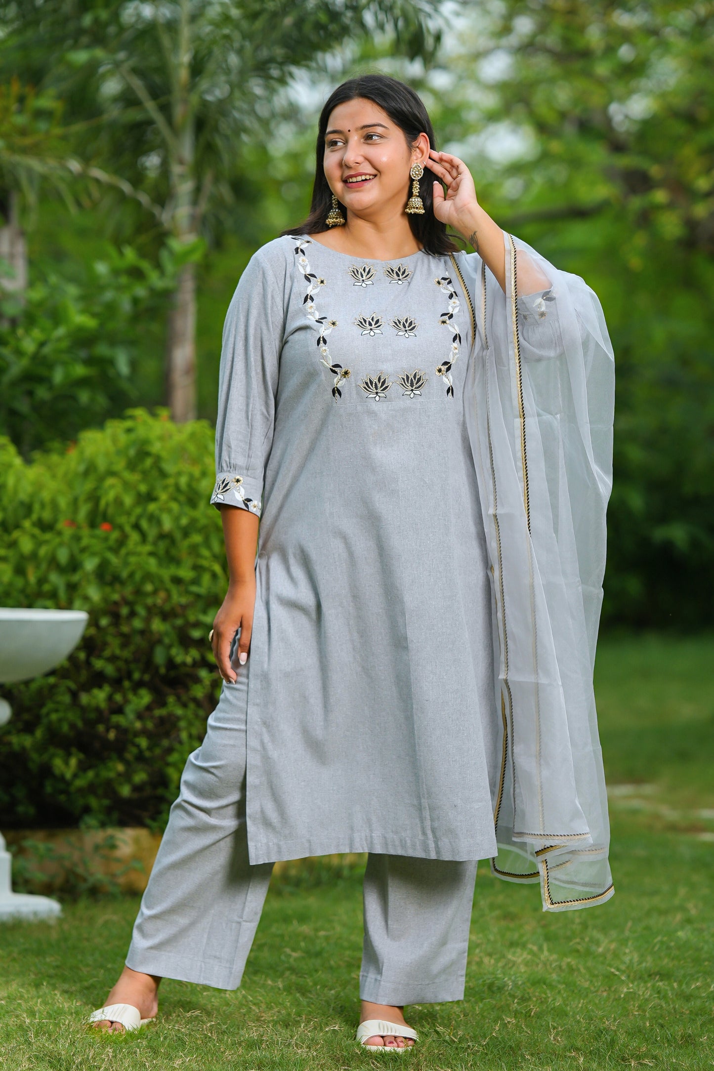 Grey Lotus Cotton Suit Set