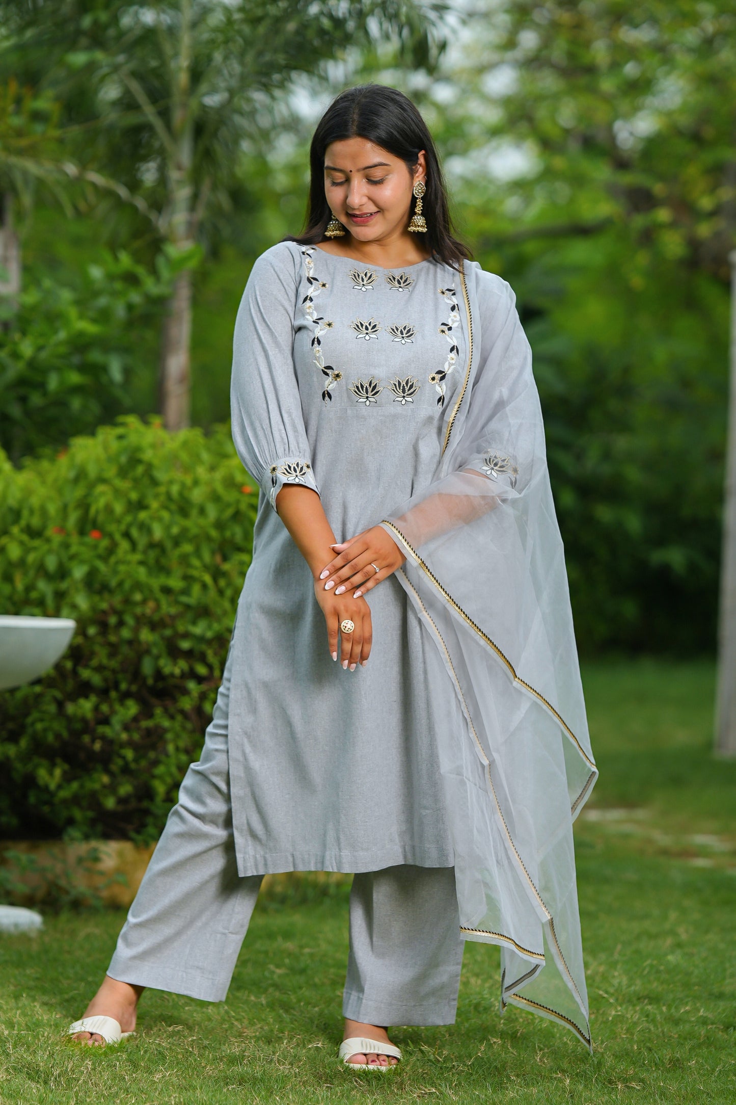 Grey Lotus Cotton Suit Set
