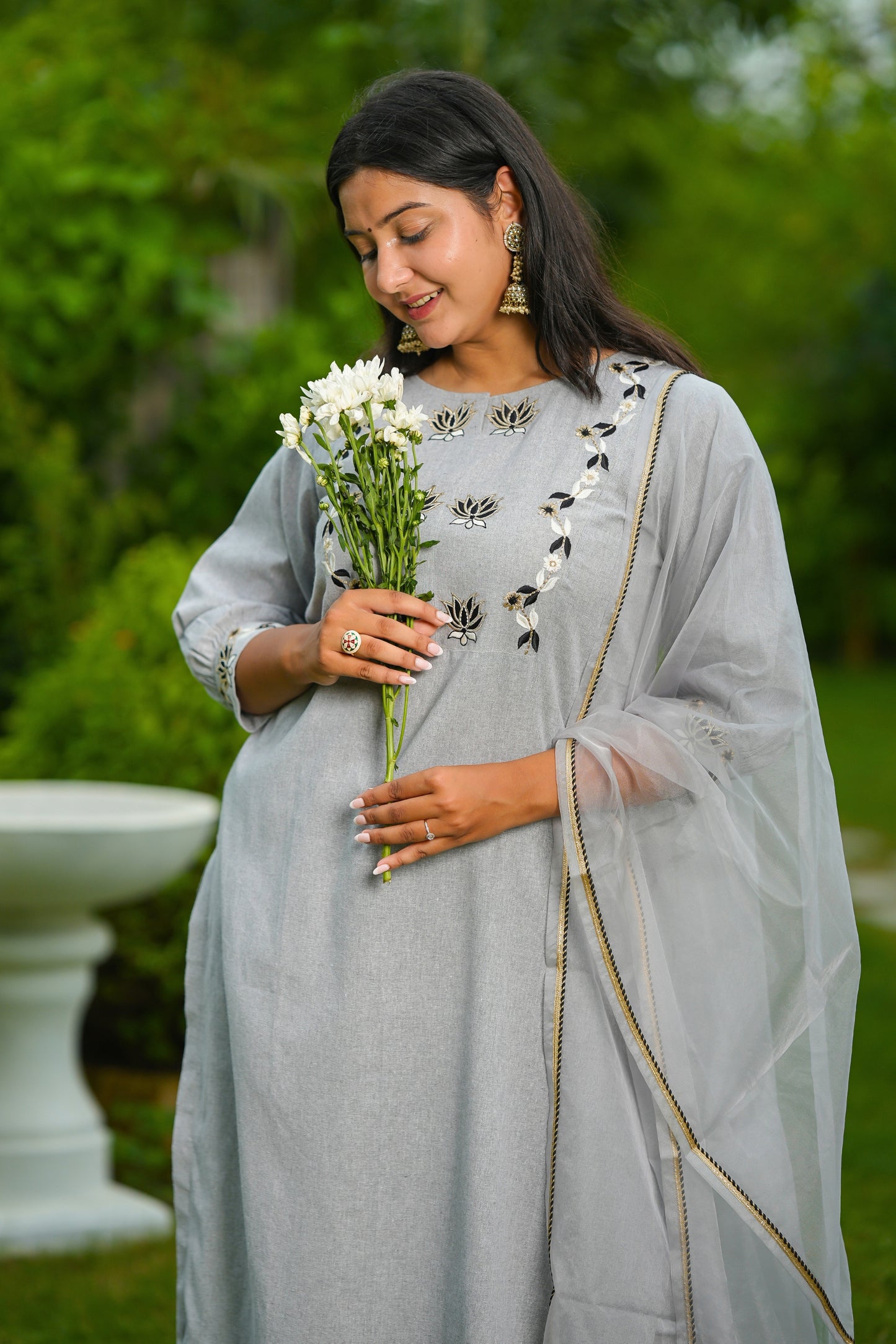 Grey Lotus Cotton Suit Set