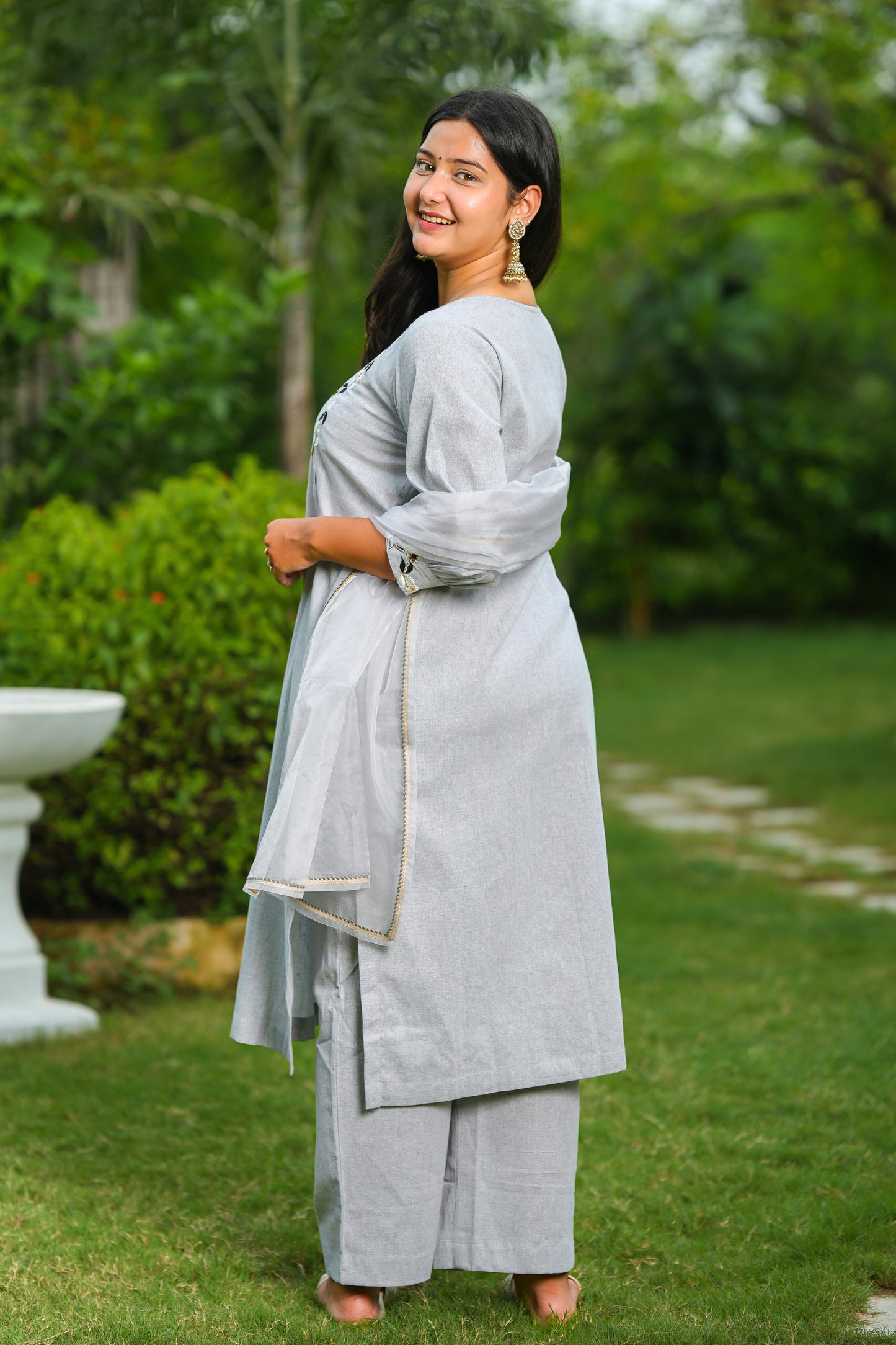 Grey Lotus Cotton Suit Set
