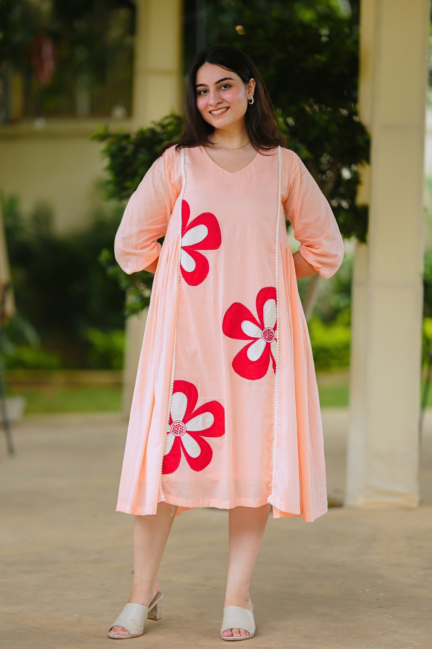 Peach Mulmul Floral Dress