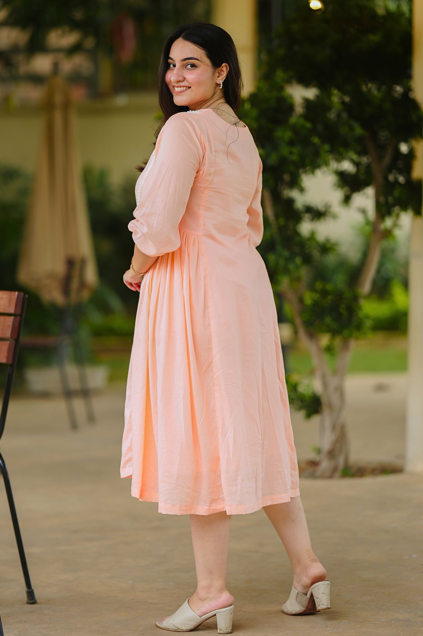Peach Mulmul Floral Dress