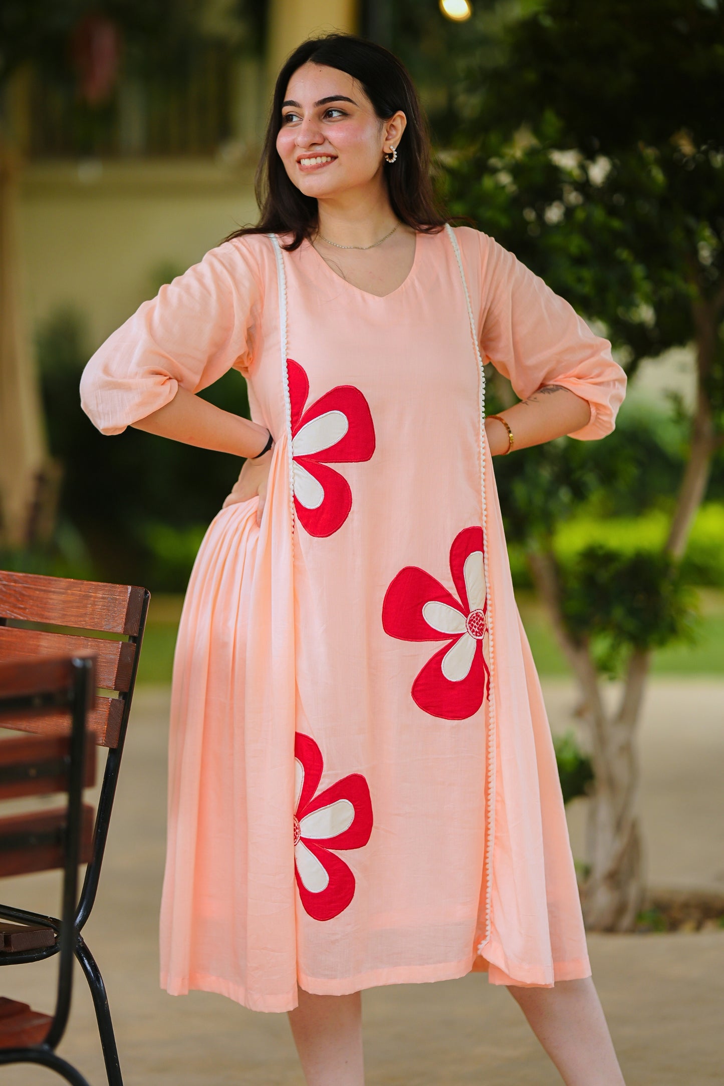 Peach Mulmul Floral Dress