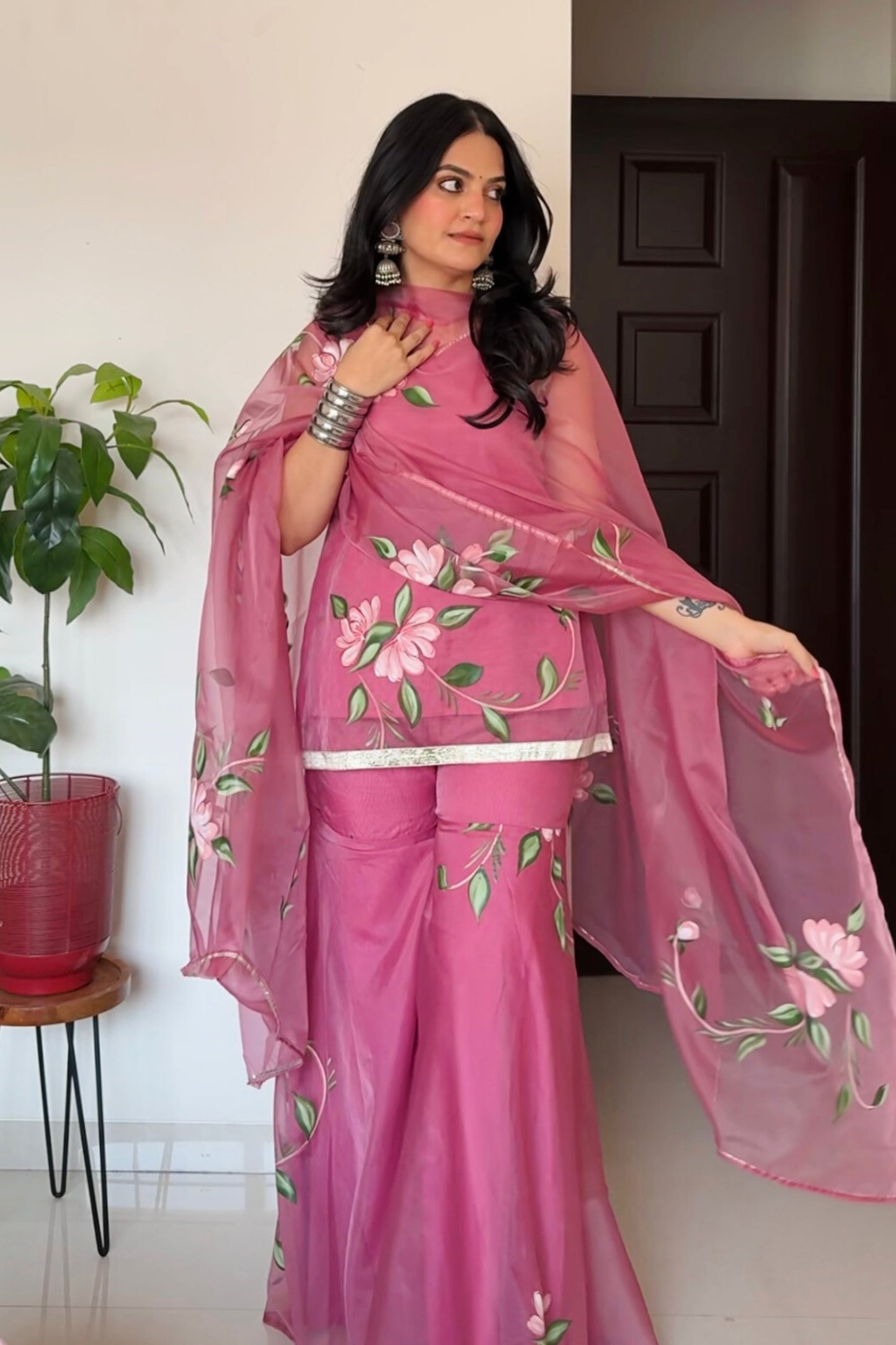 Flamingo pink Hand painted Suit Set