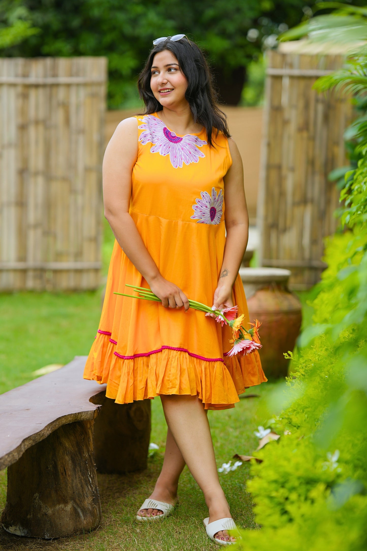 Sunshine Yellow Mulmul Floral Dress