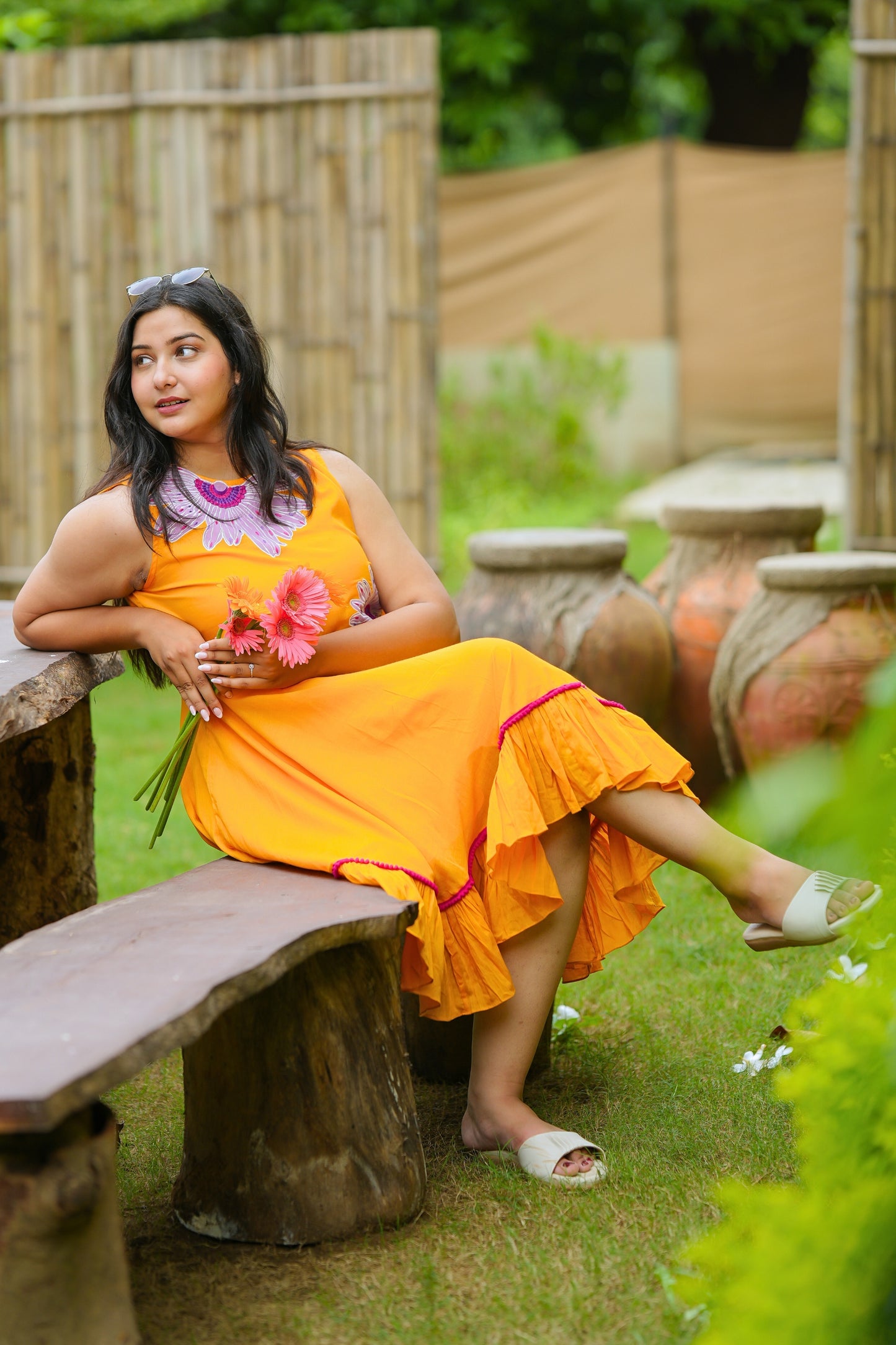 Sunshine Yellow Mulmul Floral Dress