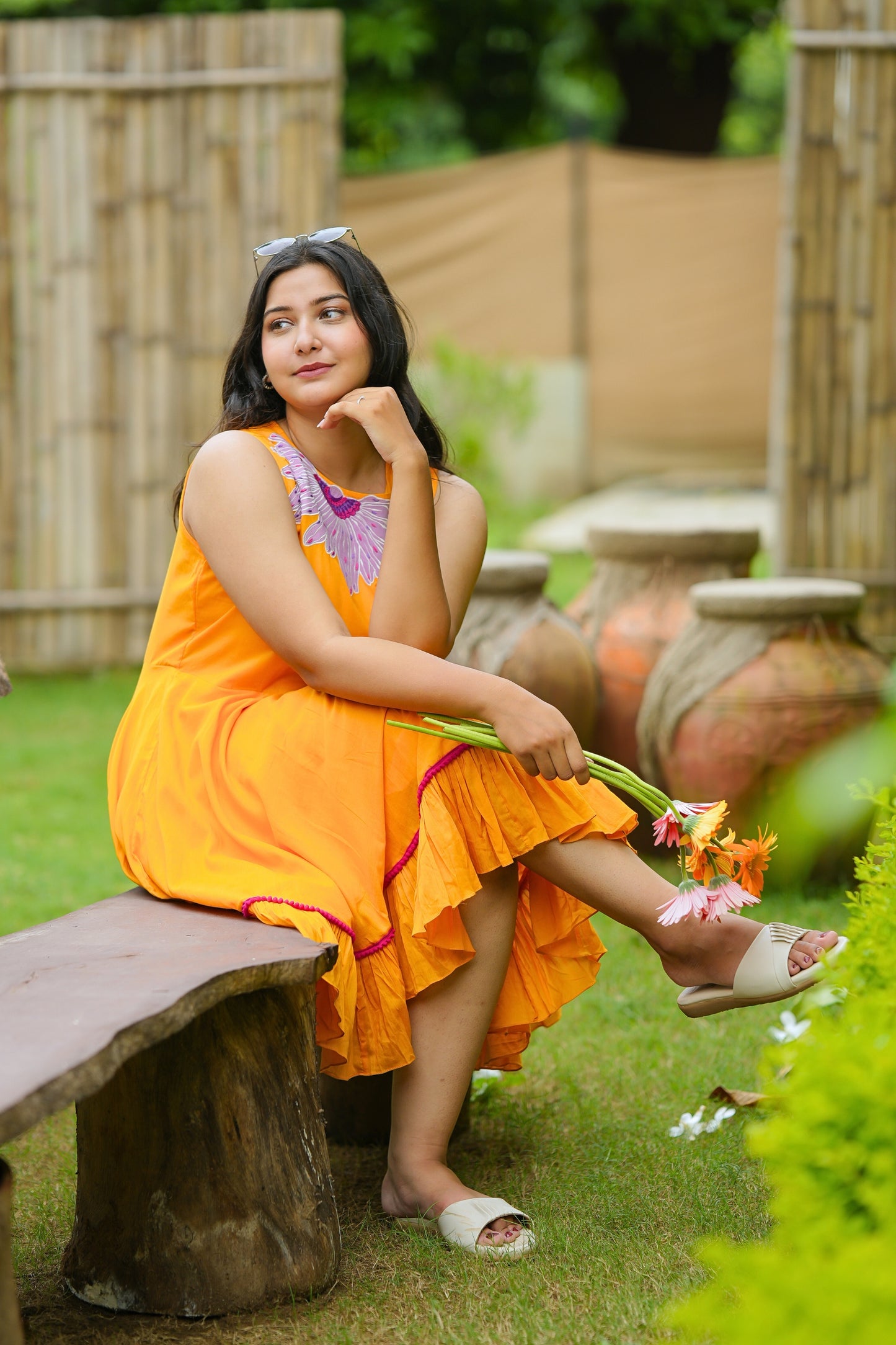 Sunshine Yellow Mulmul Floral Dress