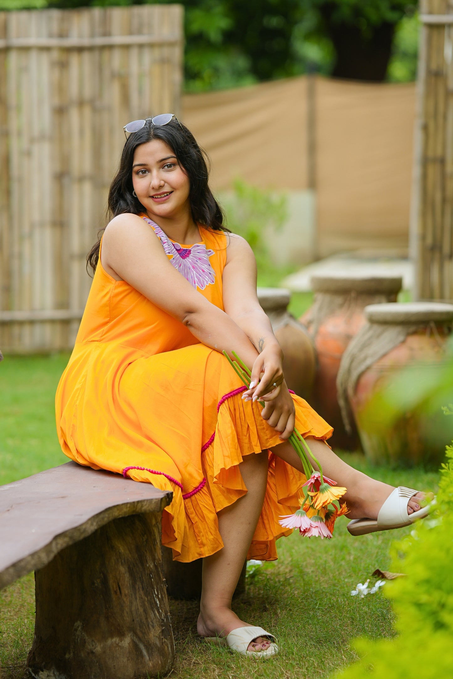 Sunshine Yellow Mulmul Floral Dress