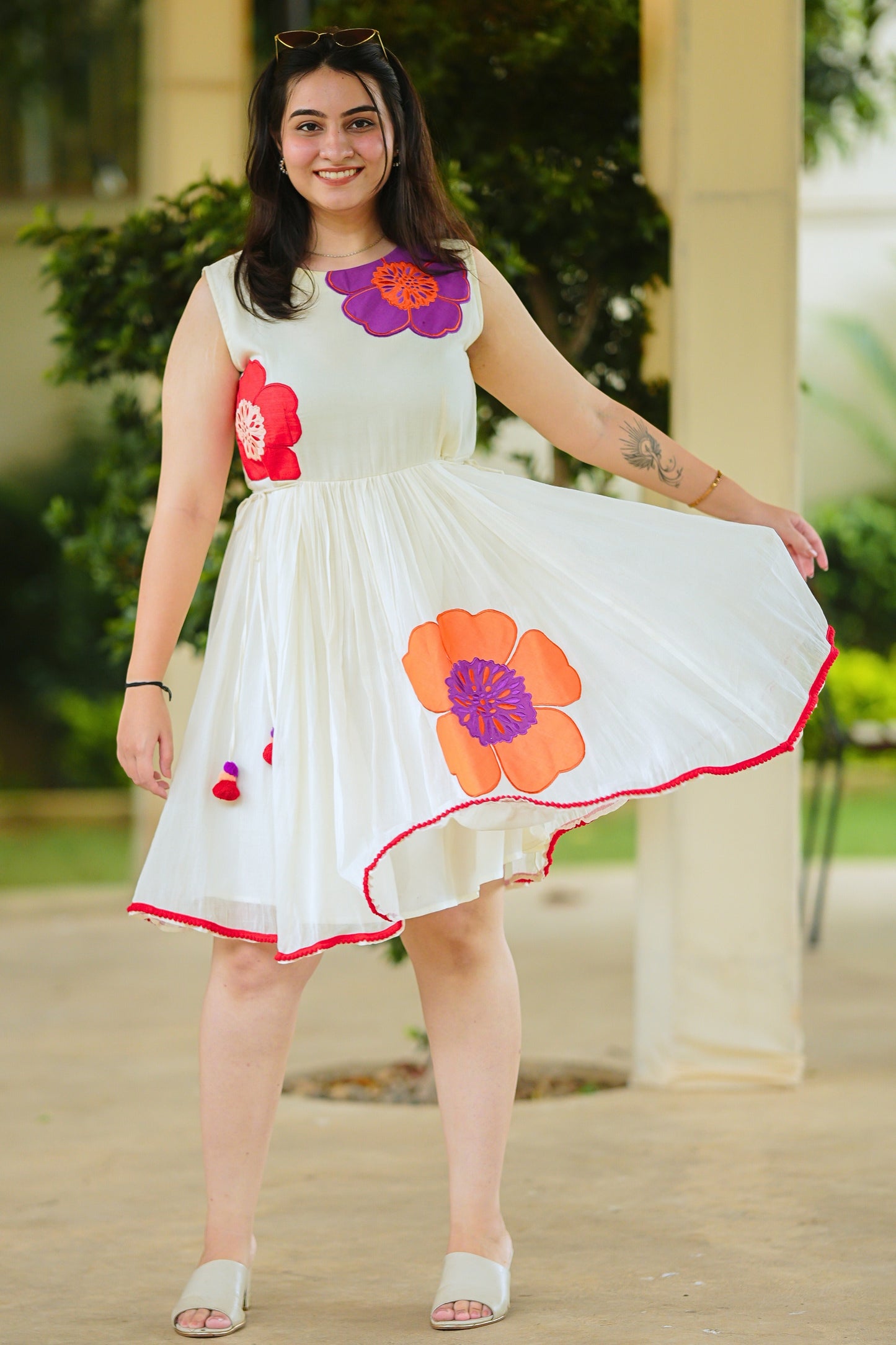 White Mulmul Floral Dress
