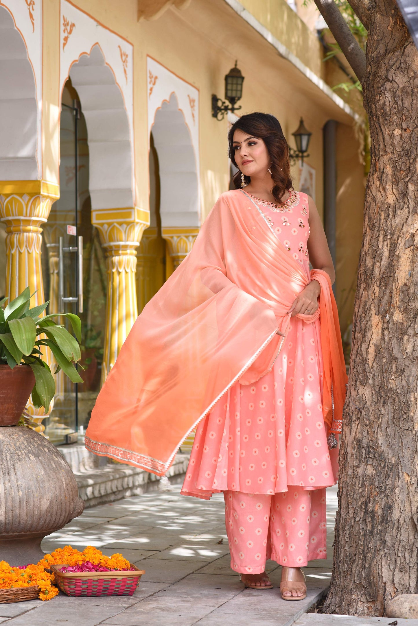 Peach Polka Mirrorwork Suit Set