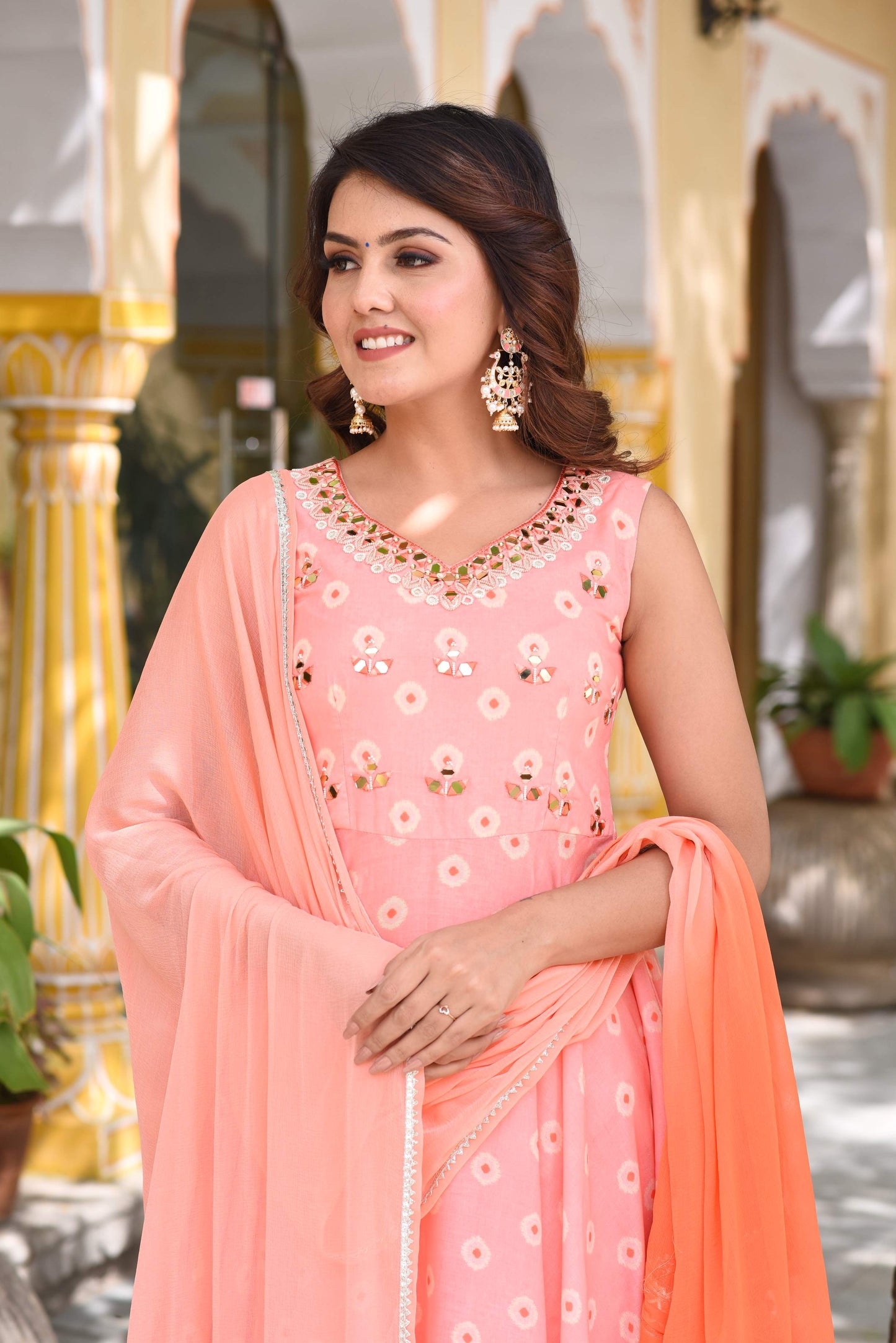Peach Polka Mirrorwork Suit Set