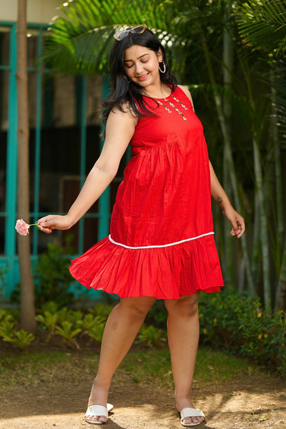 Cherry Red Mirror Mulmul Dress