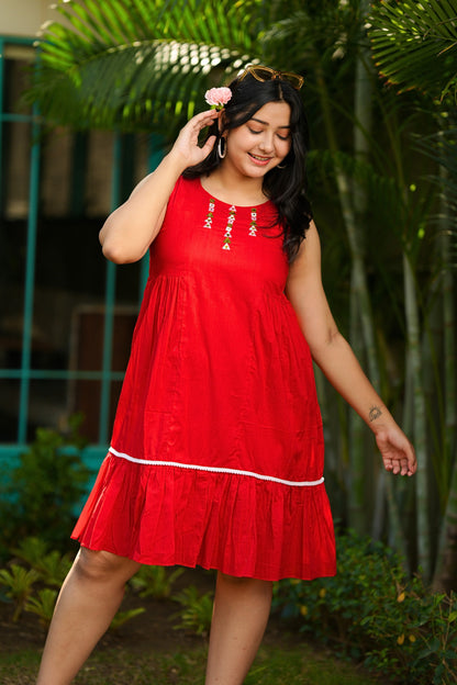 Cherry Red Mirror Mulmul Dress