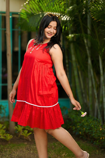 Cherry Red Mirror Mulmul Dress