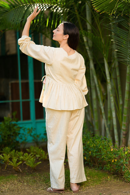 Off White Slub Multi Tassel Co Ord Set