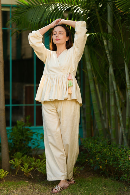 Off White Slub Multi Tassel Co Ord Set