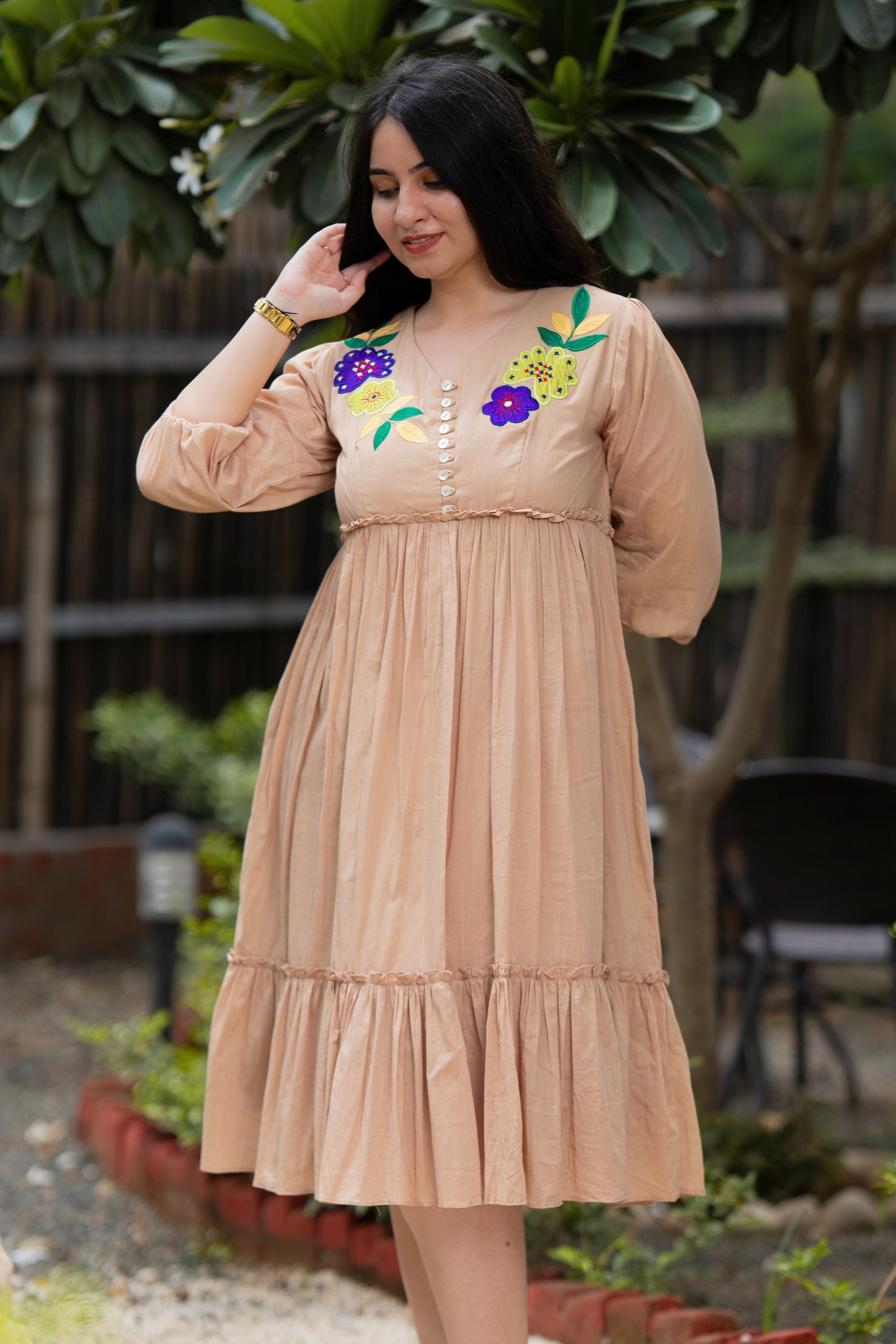 Beautiful Beige Mulmul Floral Dress