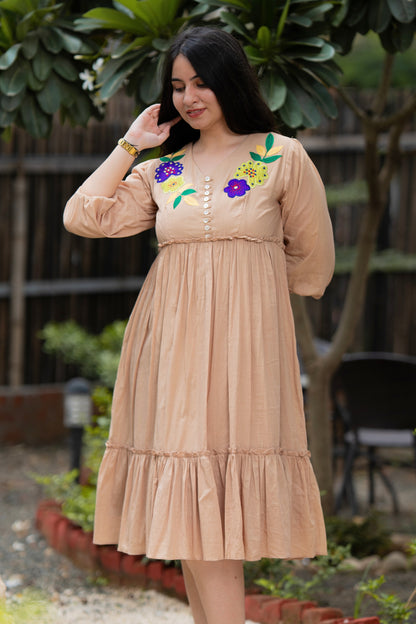 Beautiful Beige Mulmul Floral Dress