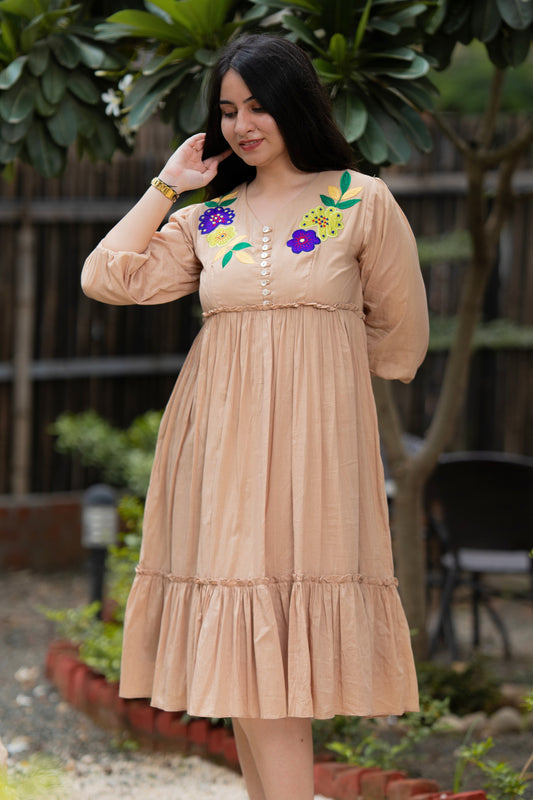 Beautiful Beige Mulmul Floral Dress