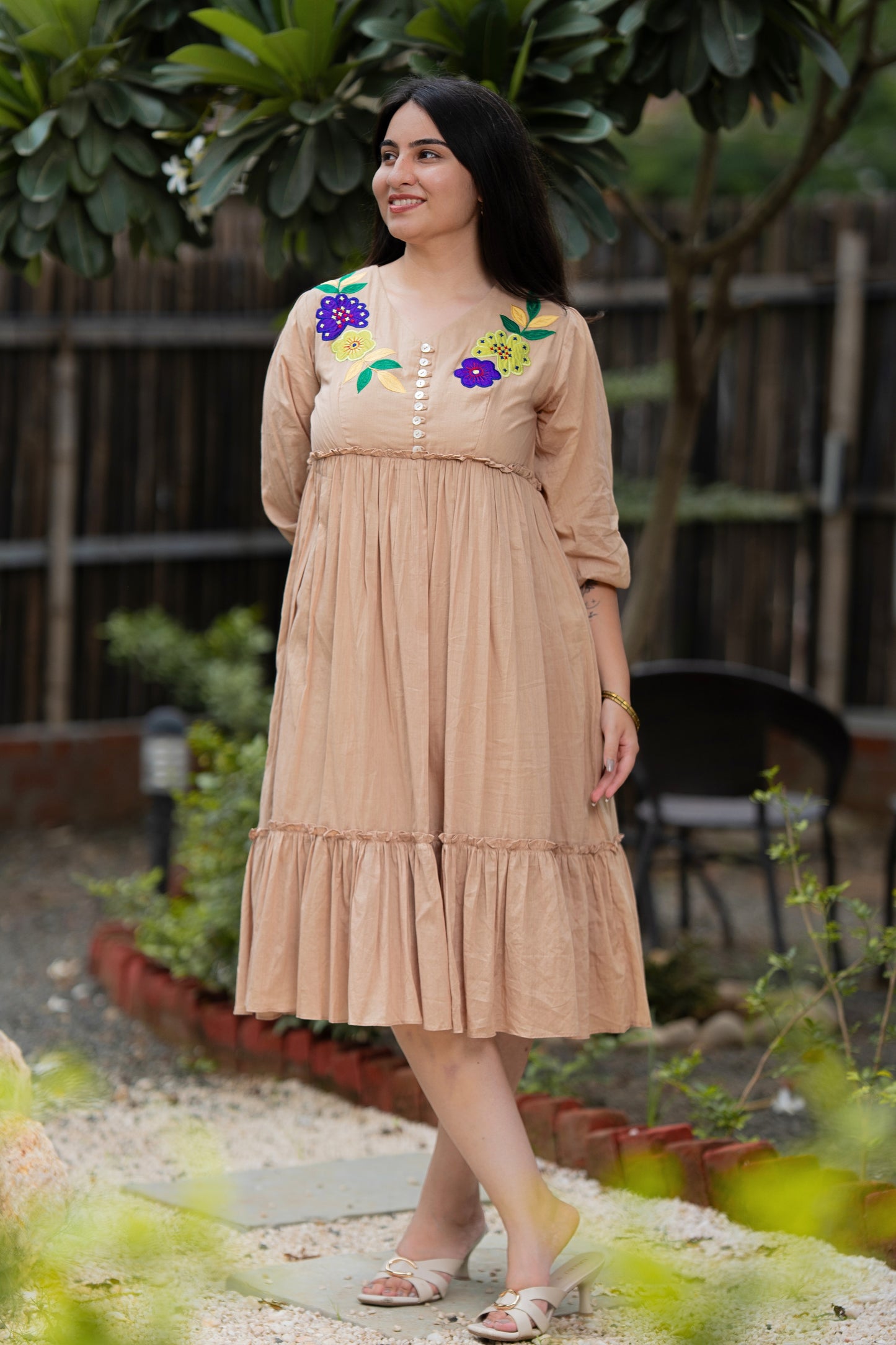 Beautiful Beige Mulmul Floral Dress